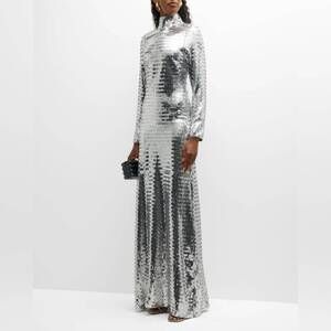 NEW SIMON MILLER sequin sculpty high collar maxi dress in silver